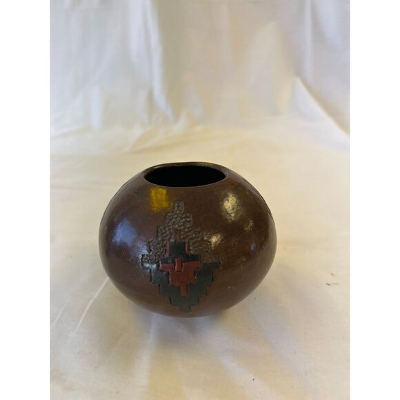 Handcrafted Brown Ceramic Navajo Pottery Vase With Red & Black Geometric Design - Picture 1 of 3